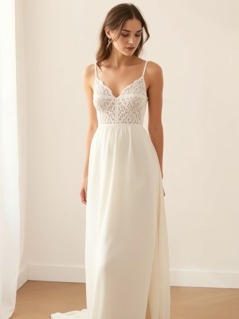Minimalist crochet bodice wedding dress with silk slip skirt and delicate straps