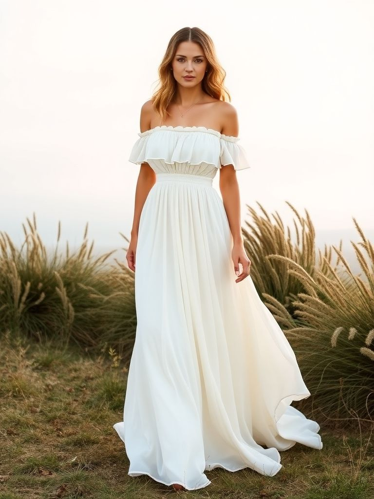 Romantic off-shoulder bohemian wedding dress with gathered bodice and flowing maxi length