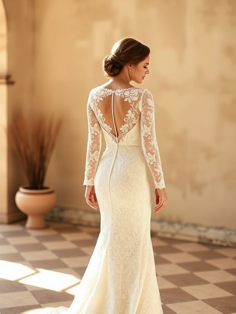 Vintage-inspired long sleeve wedding dress with all-over lace and fitted sheath silhouette