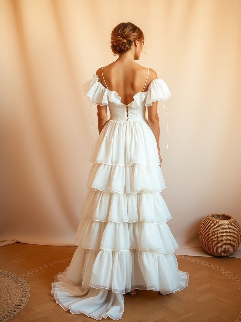 Whimsical tiered ruffle wedding dress with flutter sleeves and romantic boho styling