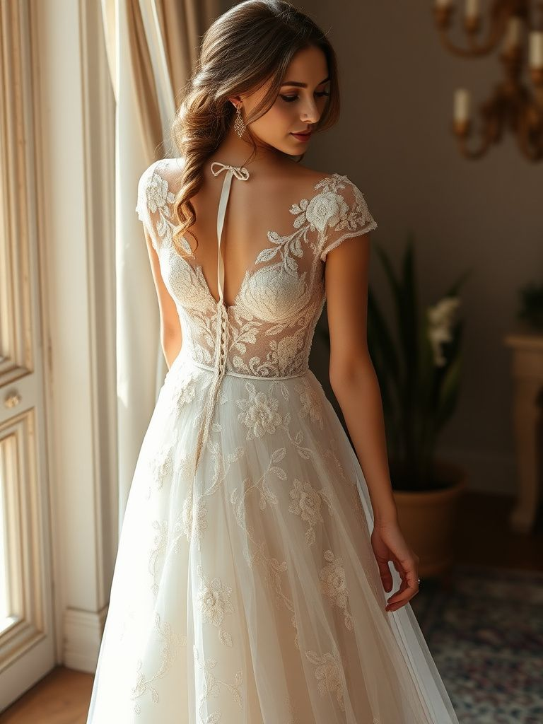 Delicate embroidered mesh overlay wedding dress with intricate floral patterns and nude lining