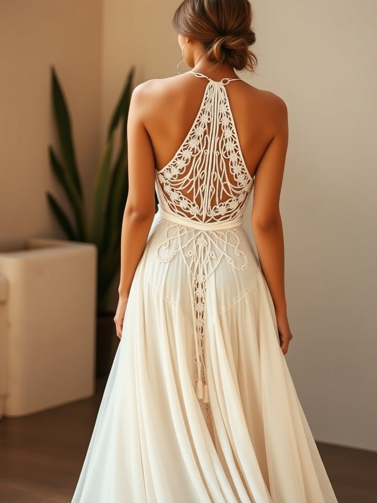Stunning backless halter wedding dress featuring intricate macrame detail and flowing skirt