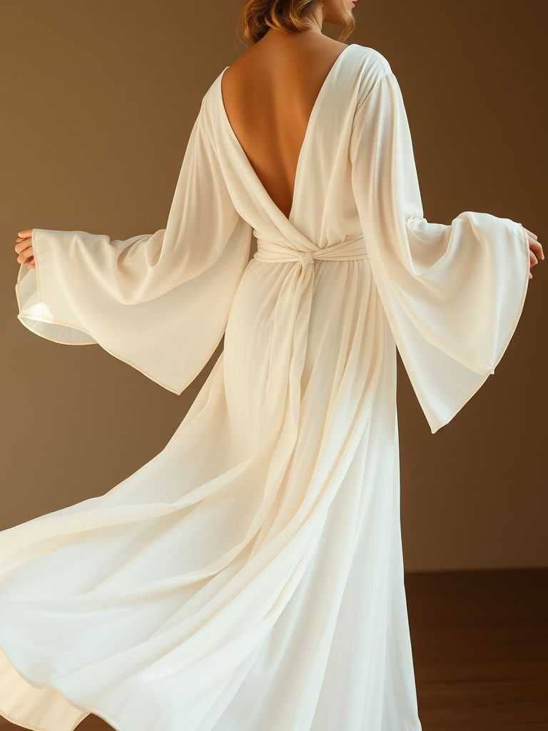 Flowing wrap-style wedding dress with wide kimono sleeves and tie waist detail