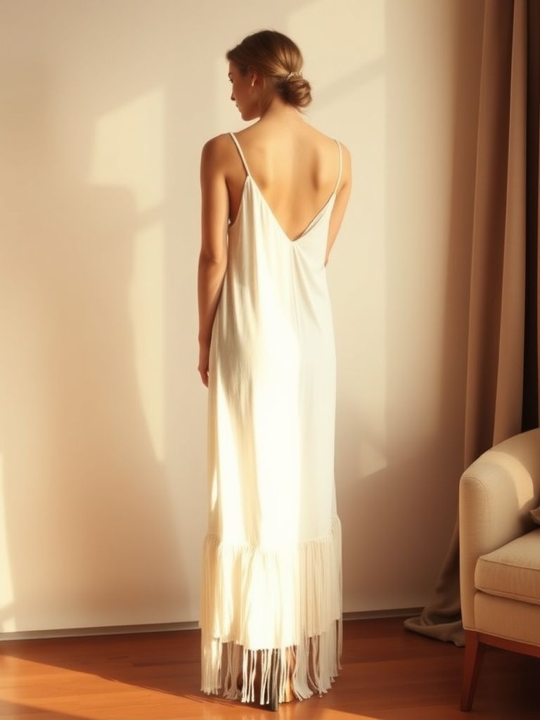 Modern slip wedding dress with subtle fringe details and minimalist silhouette