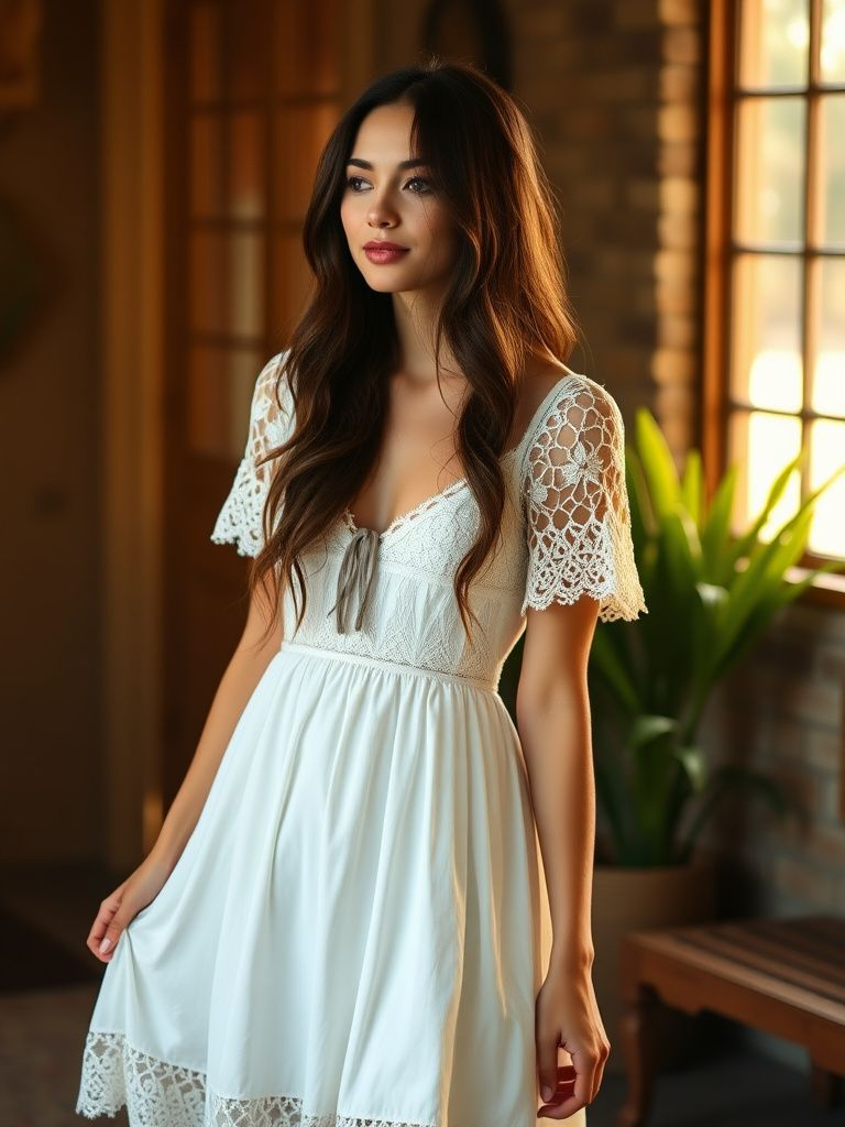 Short crochet sleeve wedding dress with mini length and bohemian casual styling