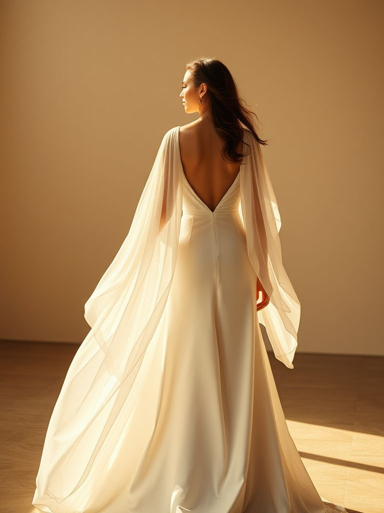 Ethereal cape sleeve wedding dress with flowing fabric and dramatic silhouette