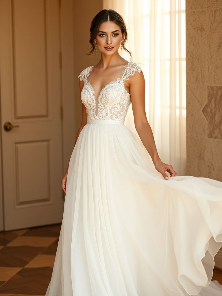 Classic A-line wedding dress combining delicate lace bodice with flowing chiffon skirt