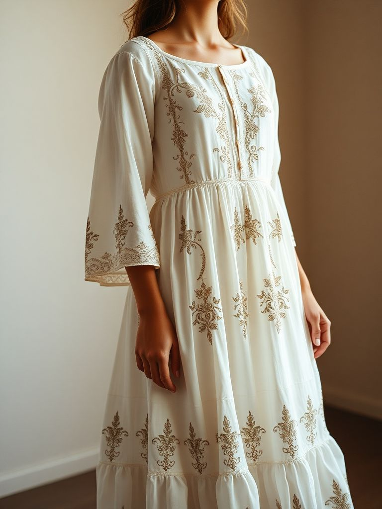 Romantic peasant-style wedding dress with intricate embroidered details and relaxed fit