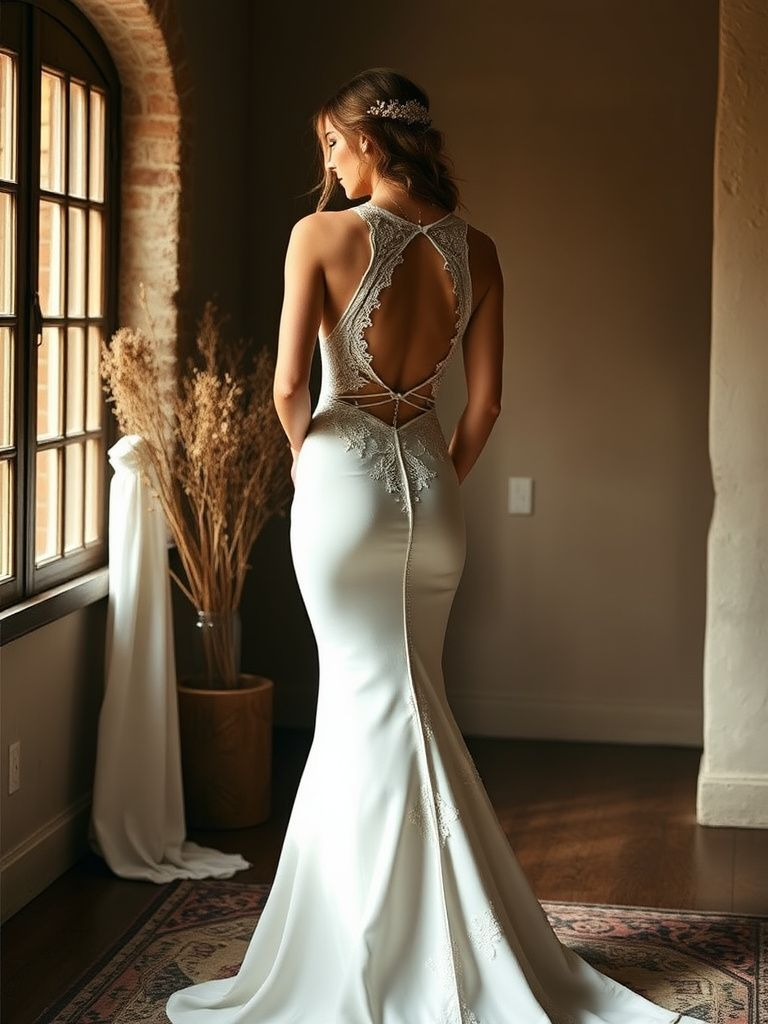 Fitted mermaid wedding dress with dramatic cutout back details and bohemian styling