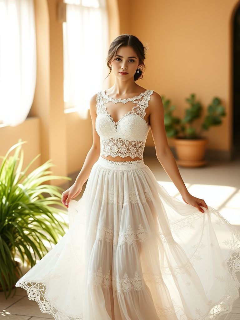 Vintage-inspired crochet two-piece wedding set with crop top and flowing skirt