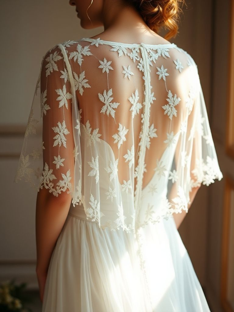 Ethereal wedding dress with delicate beaded overlay creating subtle sparkle and texture