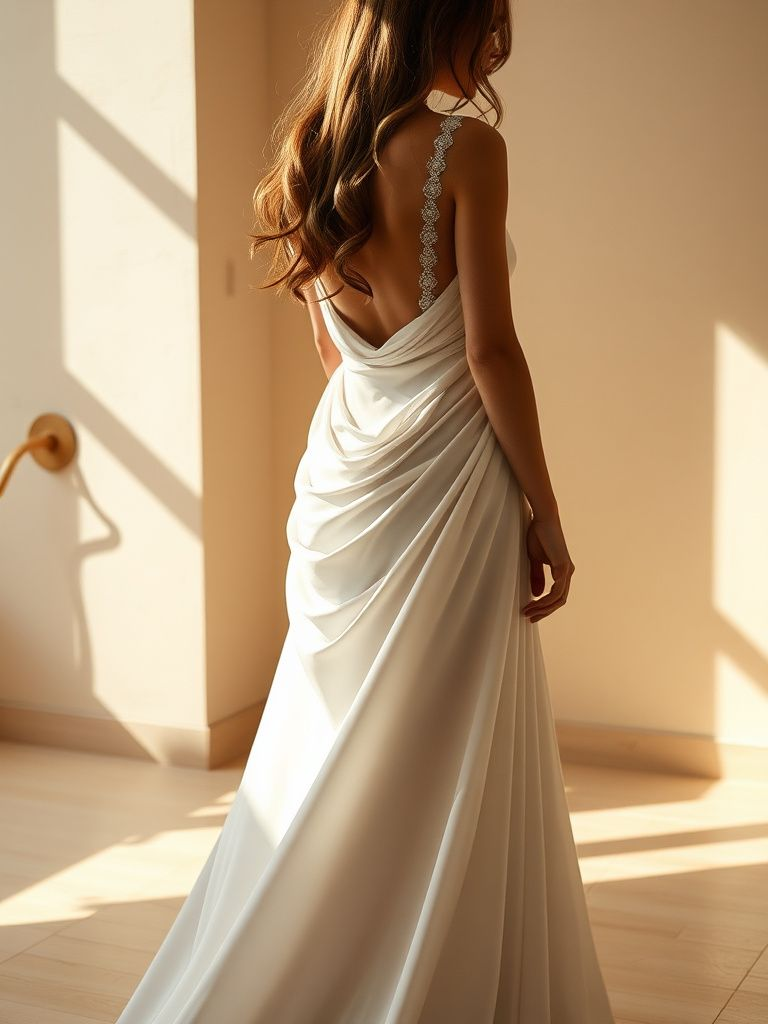 Grecian-inspired wedding dress with flowing drape details and goddess-like silhouette