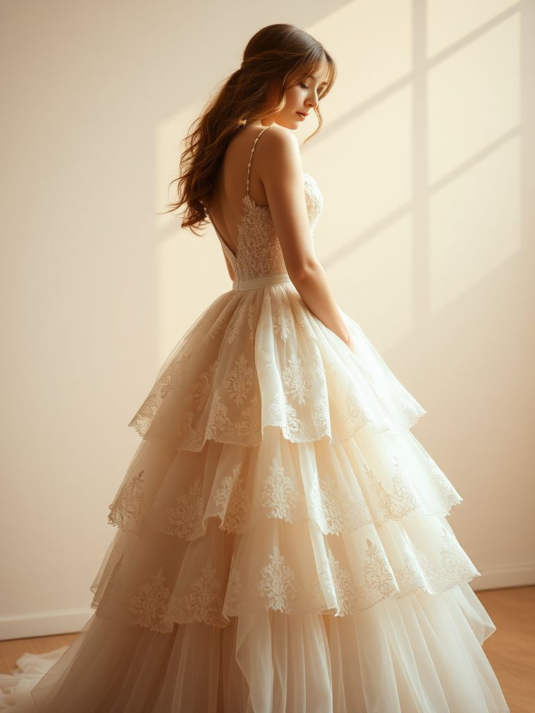 Romantic tiered wedding dress combining layers of lace and chiffon for textural interest