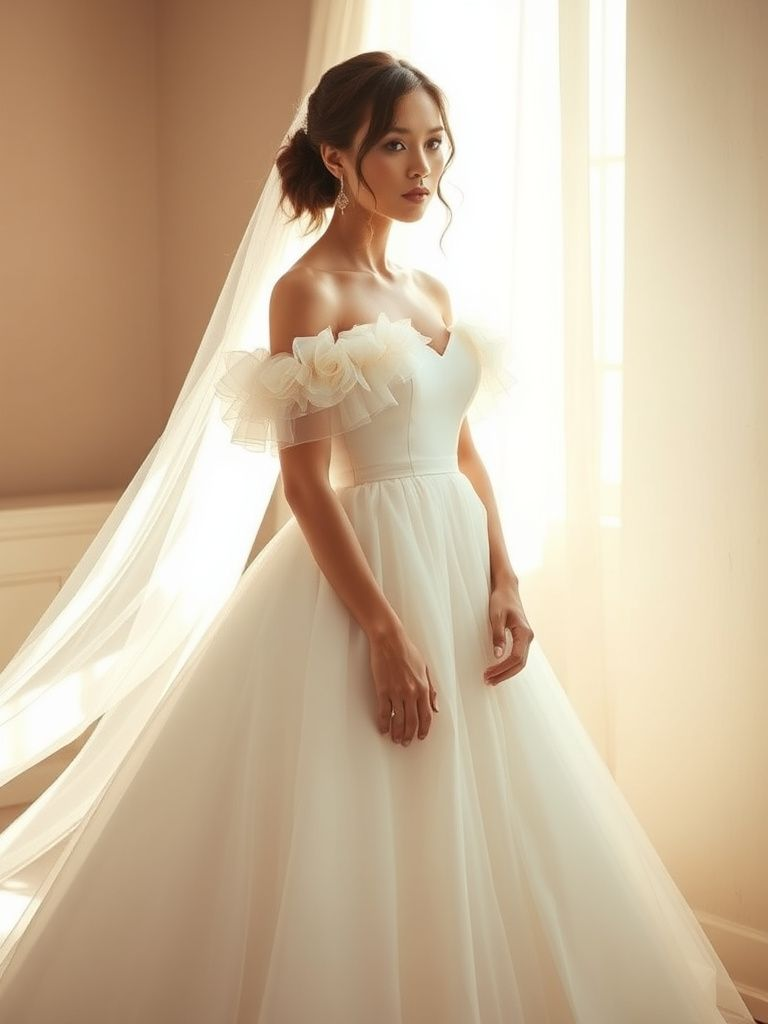 Feminine off-shoulder wedding dress with romantic ruffled details and flowing silhouette