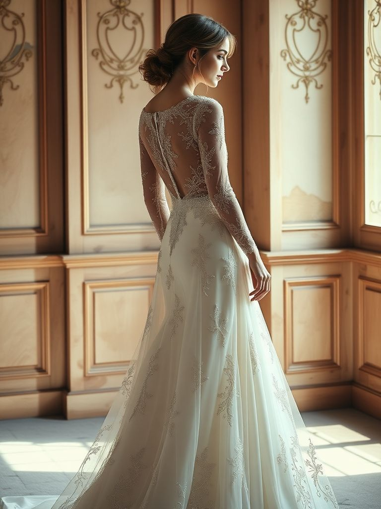 Sophisticated long sleeve wedding dress with embellished mesh details and elegant silhouette