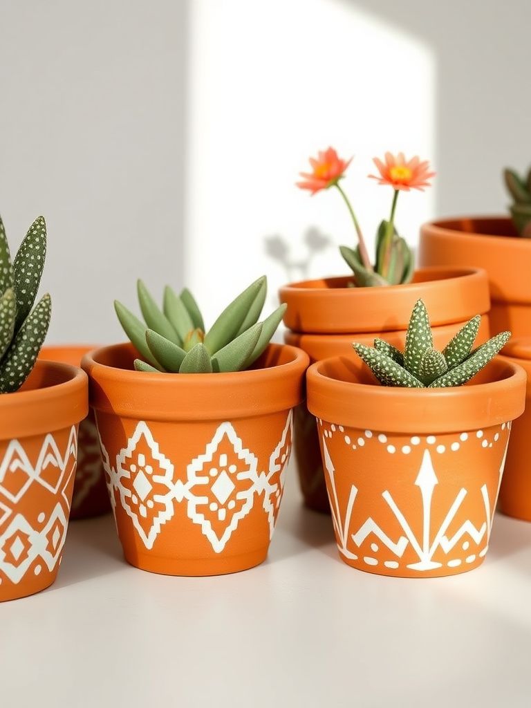 Hand-painted terra cotta pots with white geometric boho patterns