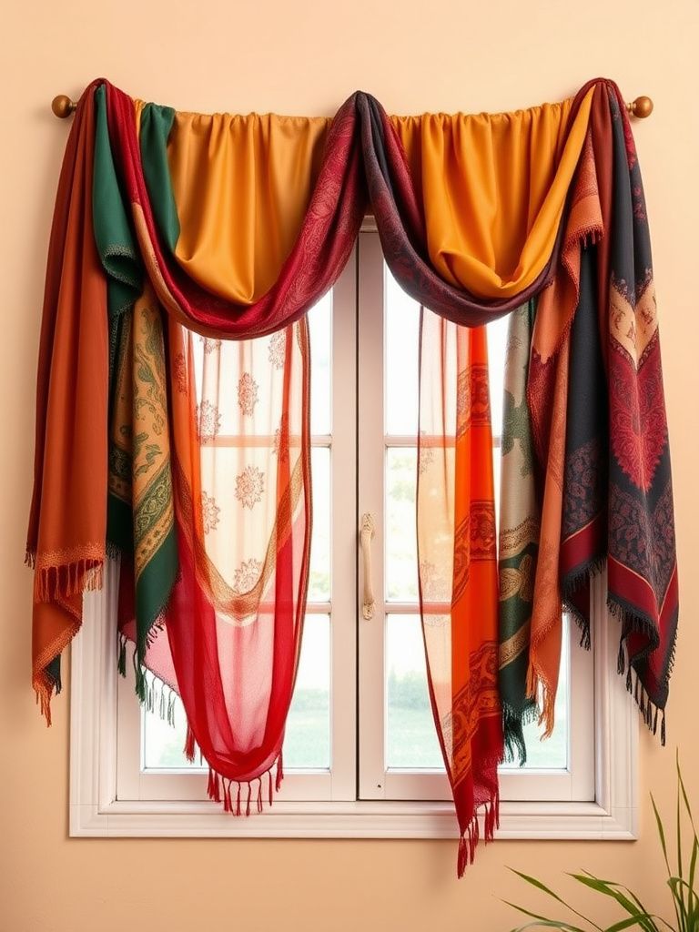 Colorful vintage scarves hung as boho window valance treatment