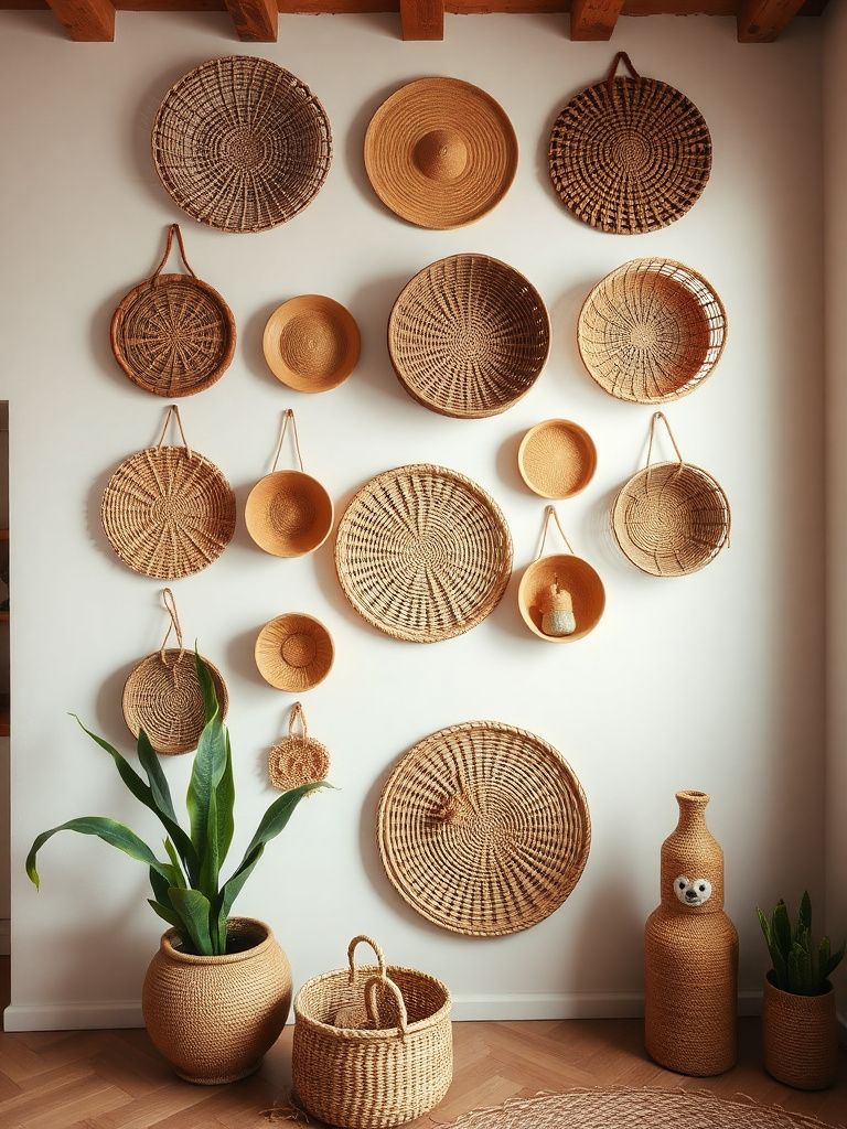 Collection of woven baskets mounted on white wall as boho art