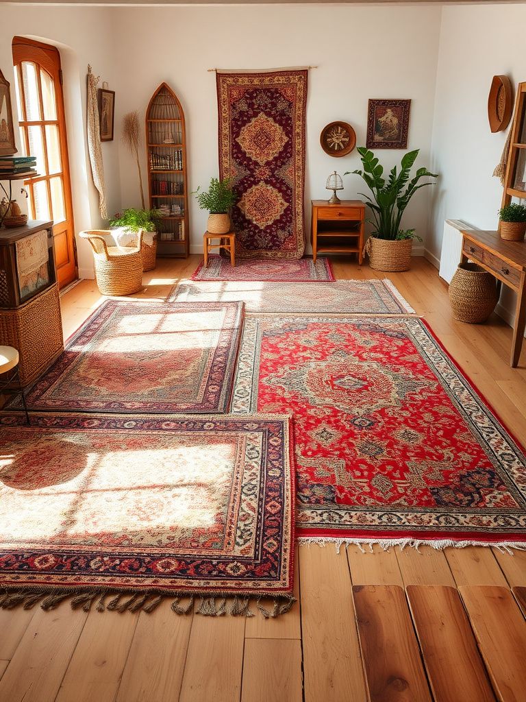 Multiple vintage rugs layered on wooden floor in boho living space