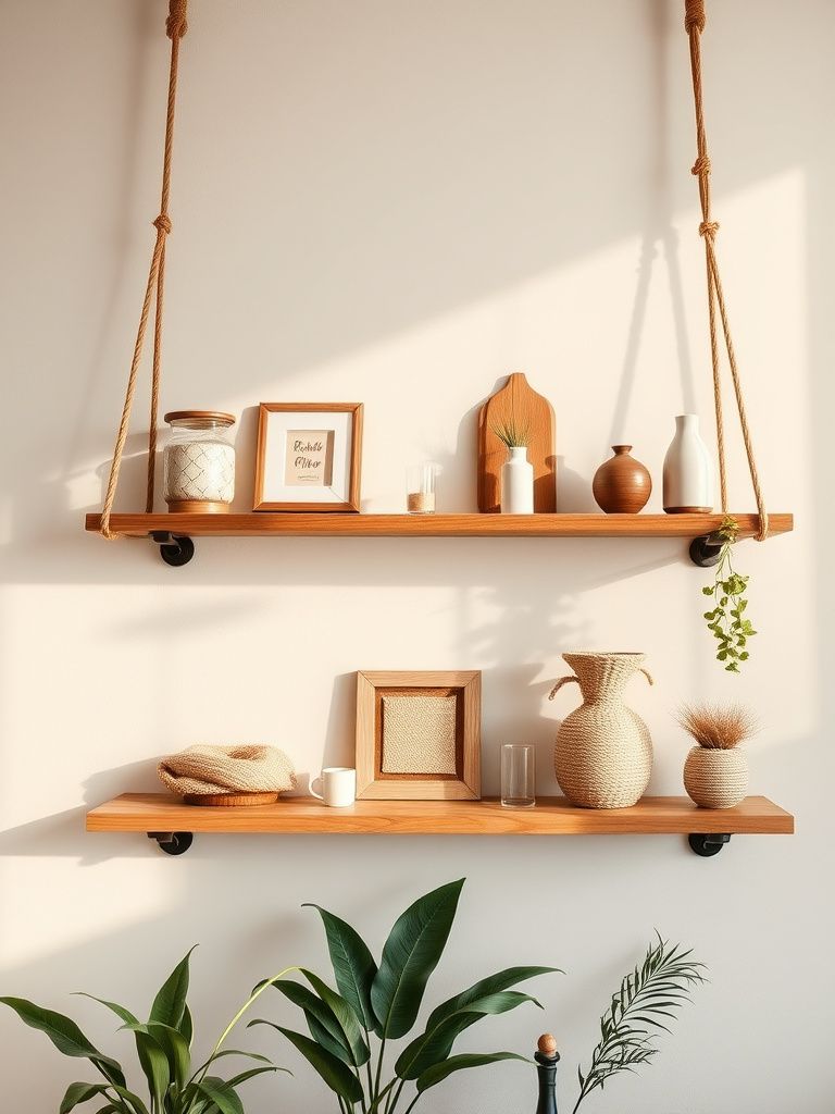 Wooden shelves suspended by rope displaying boho decor items