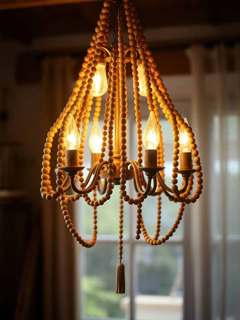 Vintage chandelier decorated with wooden beads in boho style