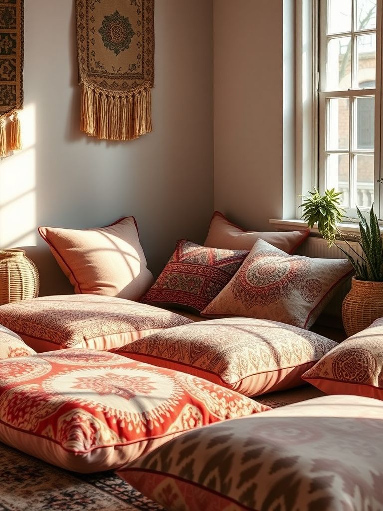 Large floor cushions with Moroccan-inspired fabric in boho room