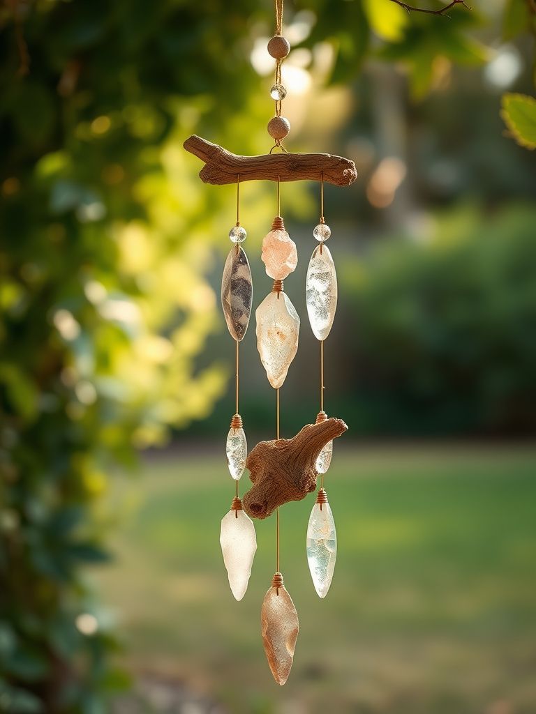 Handmade wind chime with crystals and driftwood hanging outdoors