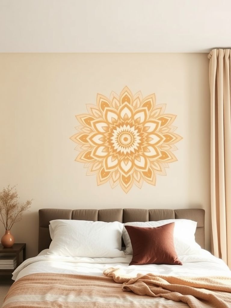 Bedroom wall with large painted mandala design in neutral colors