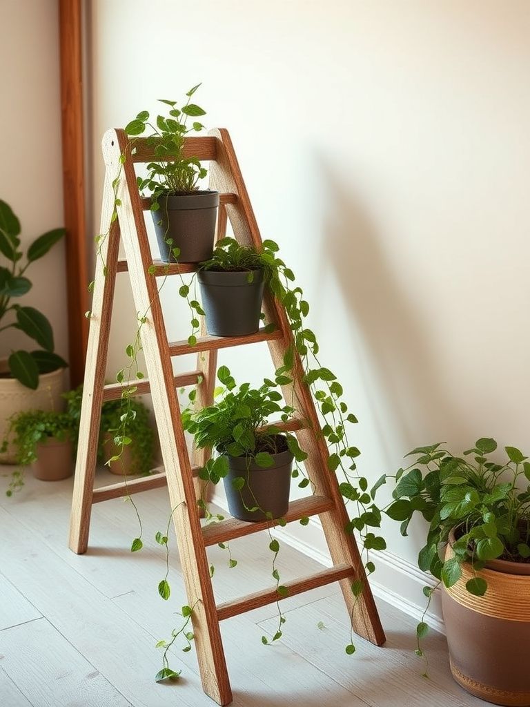 Old wooden ladder repurposed as tiered plant stand with trailing plants