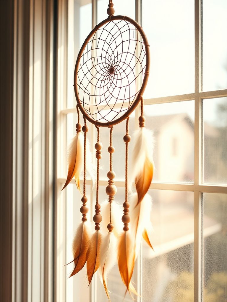 Large dreamcatcher with natural feathers and wooden beads hanging in window