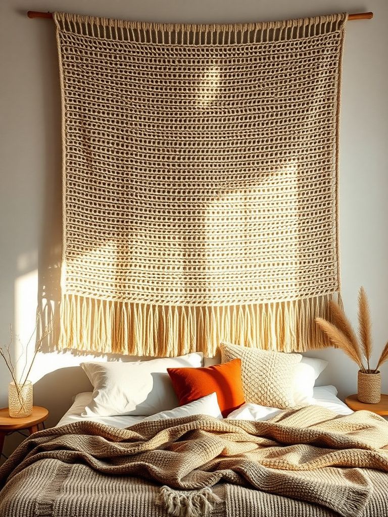 Large woven tapestry with neutral fibers hanging above boho bed