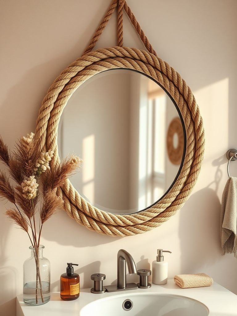 Round mirror with thick rope wrapped around frame in boho bathroom