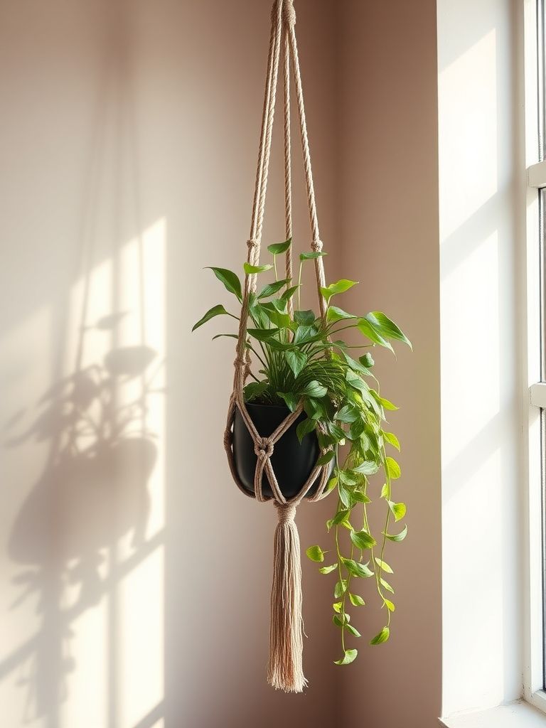 Macrame plant hanger holding trailing pothos in corner of room