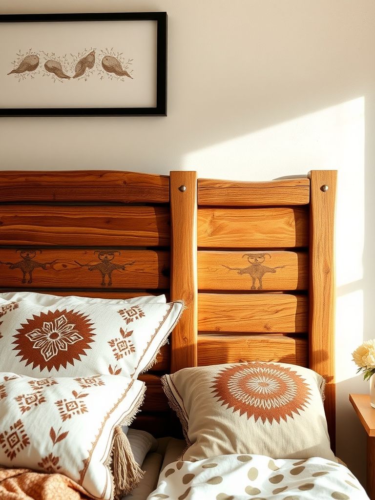 Wooden headboard with hand-painted boho patterns in earth tones
