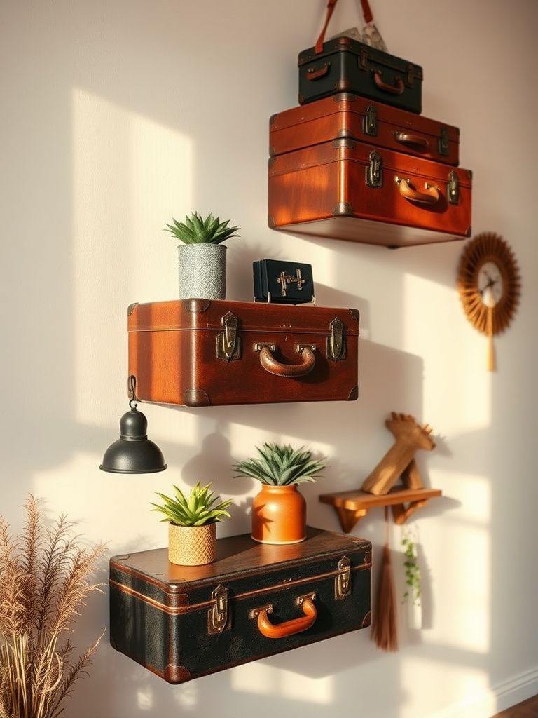 Old suitcases mounted on wall as unique floating shelves with boho decor