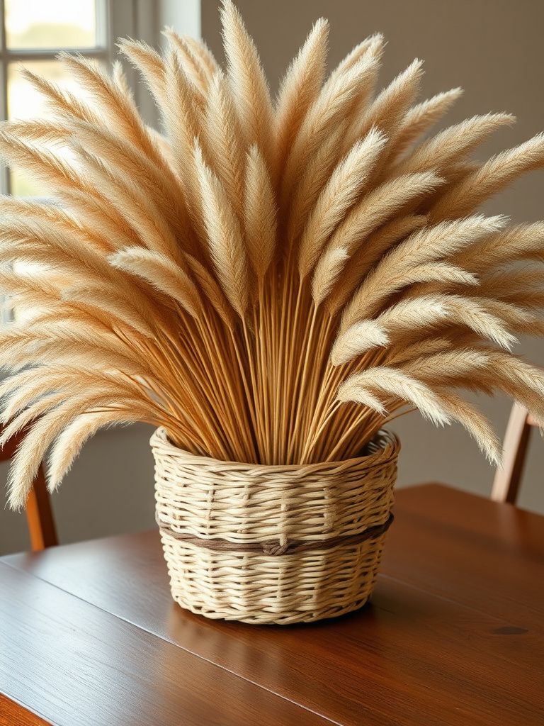 Large dried pampas grass arrangement in woven basket on wooden table