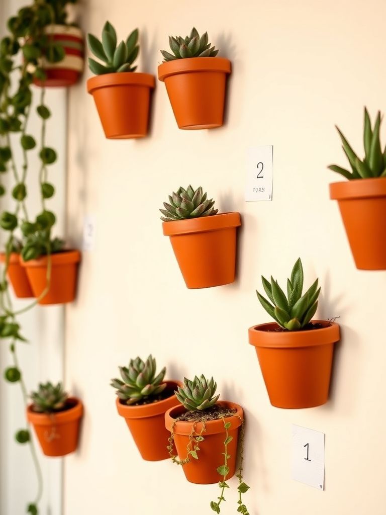 Wall-mounted painted terra cotta planters with succulents in geometric arrangement