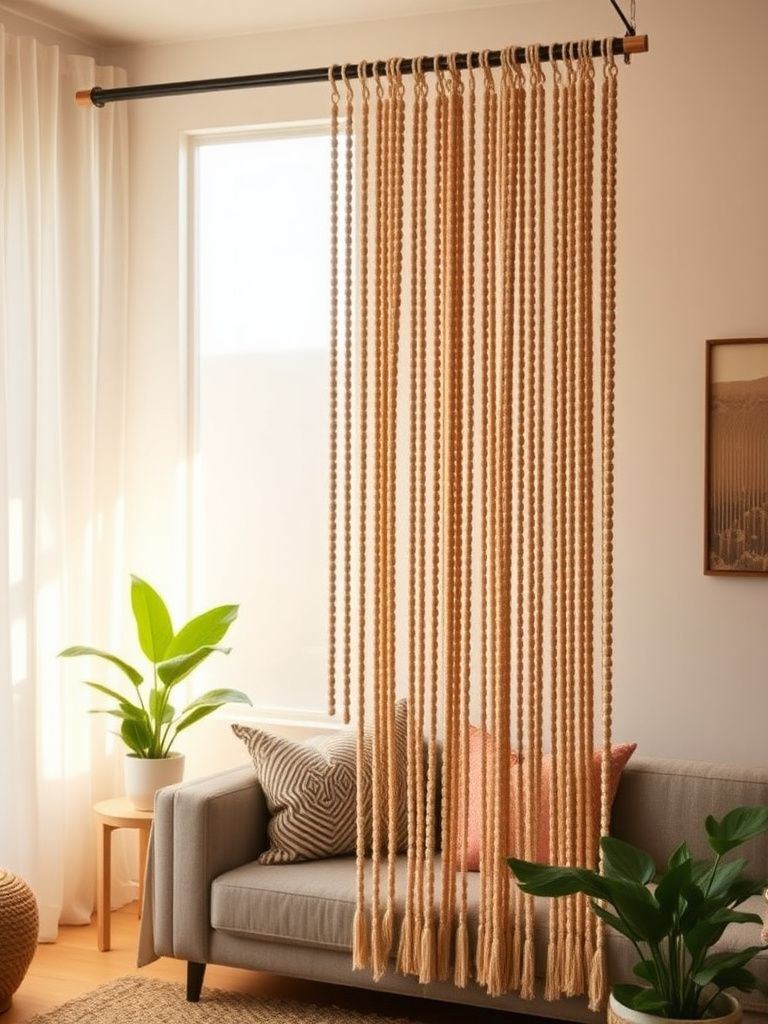 Wooden bead curtain hanging as room divider in boho living space