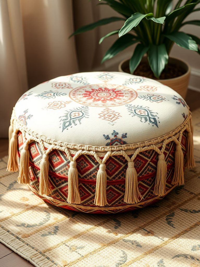 Round stuffed ottoman covered in Moroccan-inspired fabric with tassels