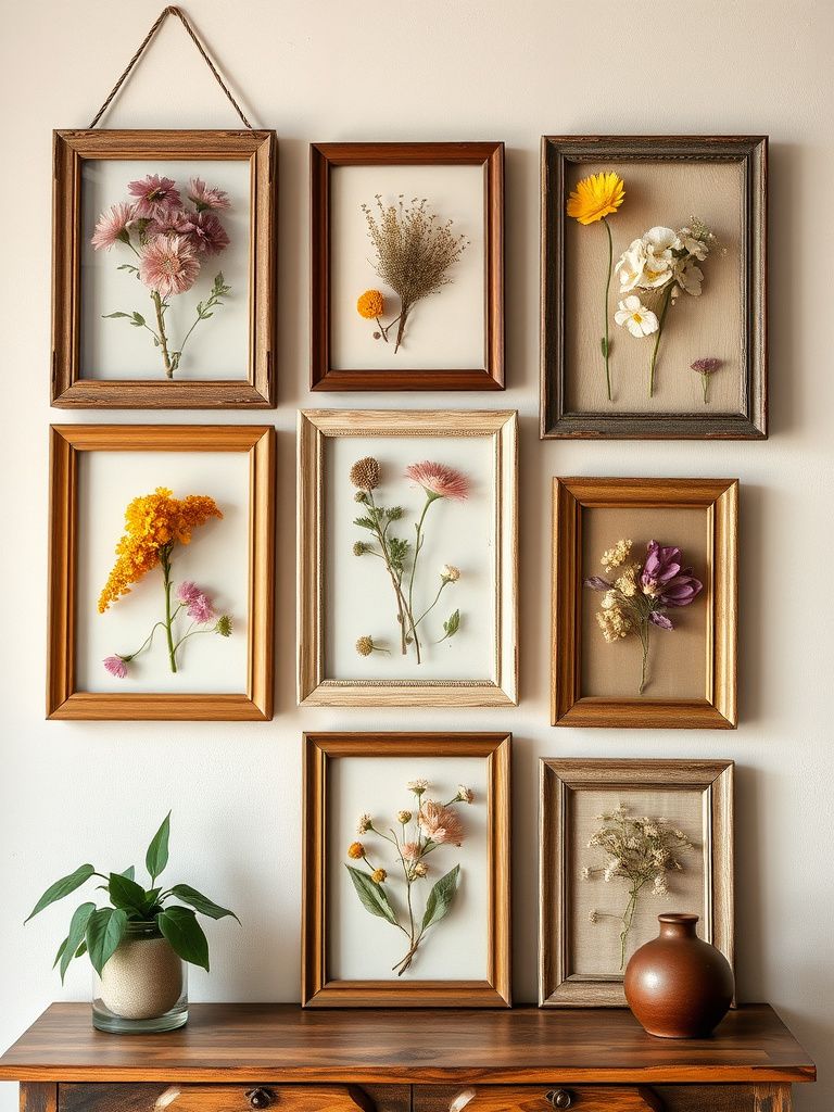 Collection of pressed flowers in antique frames arranged on boho gallery wall