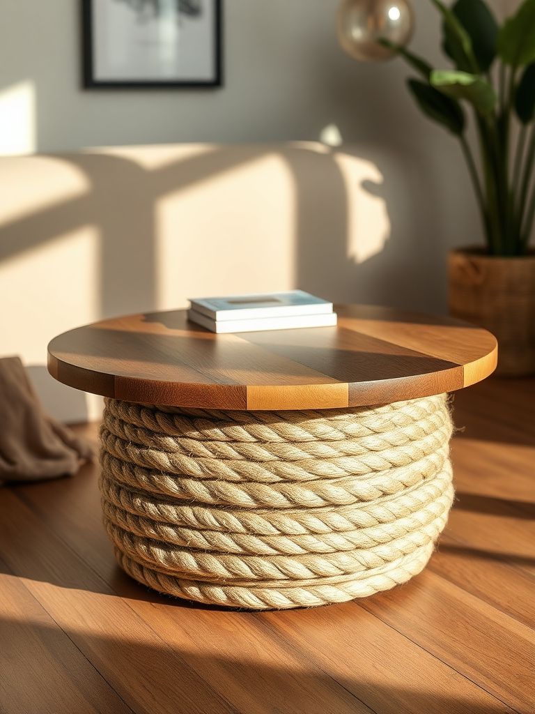 Round coffee table made from reclaimed wood top with rope-wrapped base