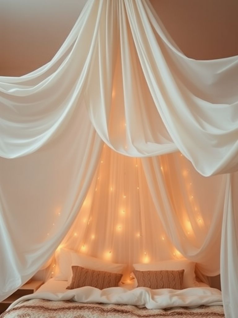 Flowing fabric canopy hung from ceiling over boho bed with fairy lights