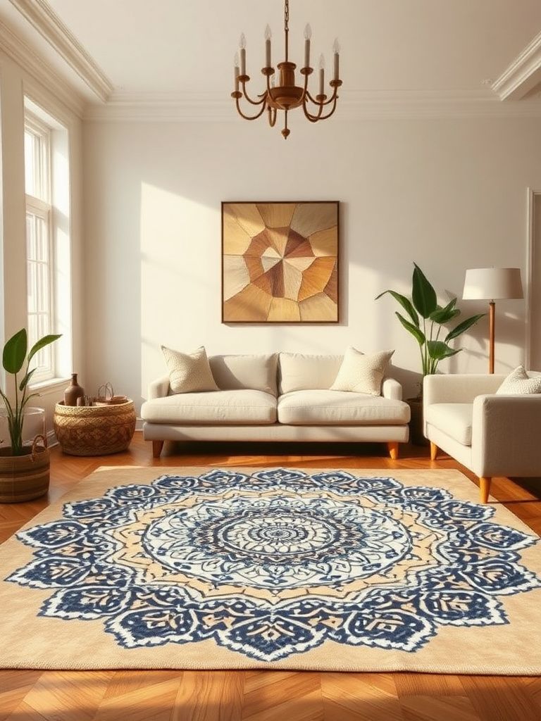 Large painted canvas floor cloth with intricate mandala design in living room